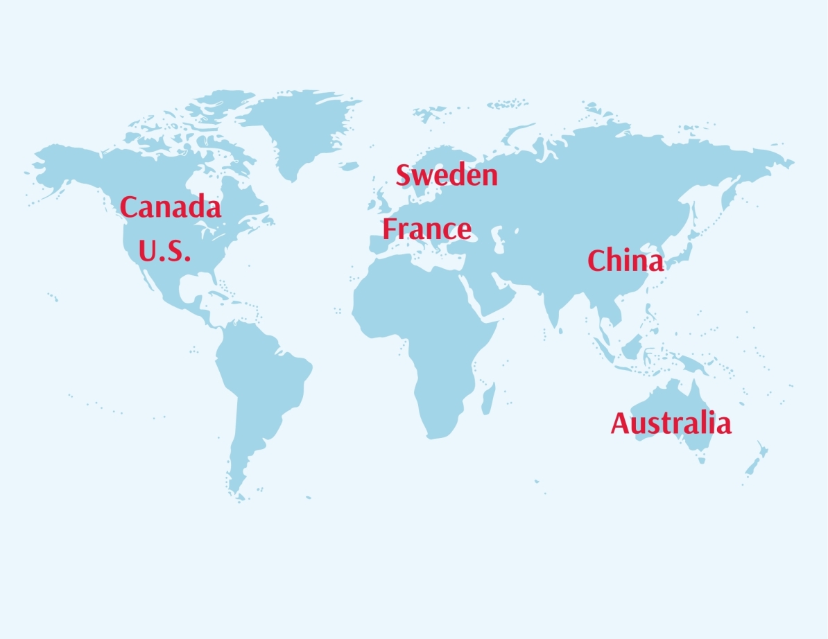 world map with 6 countries indicated